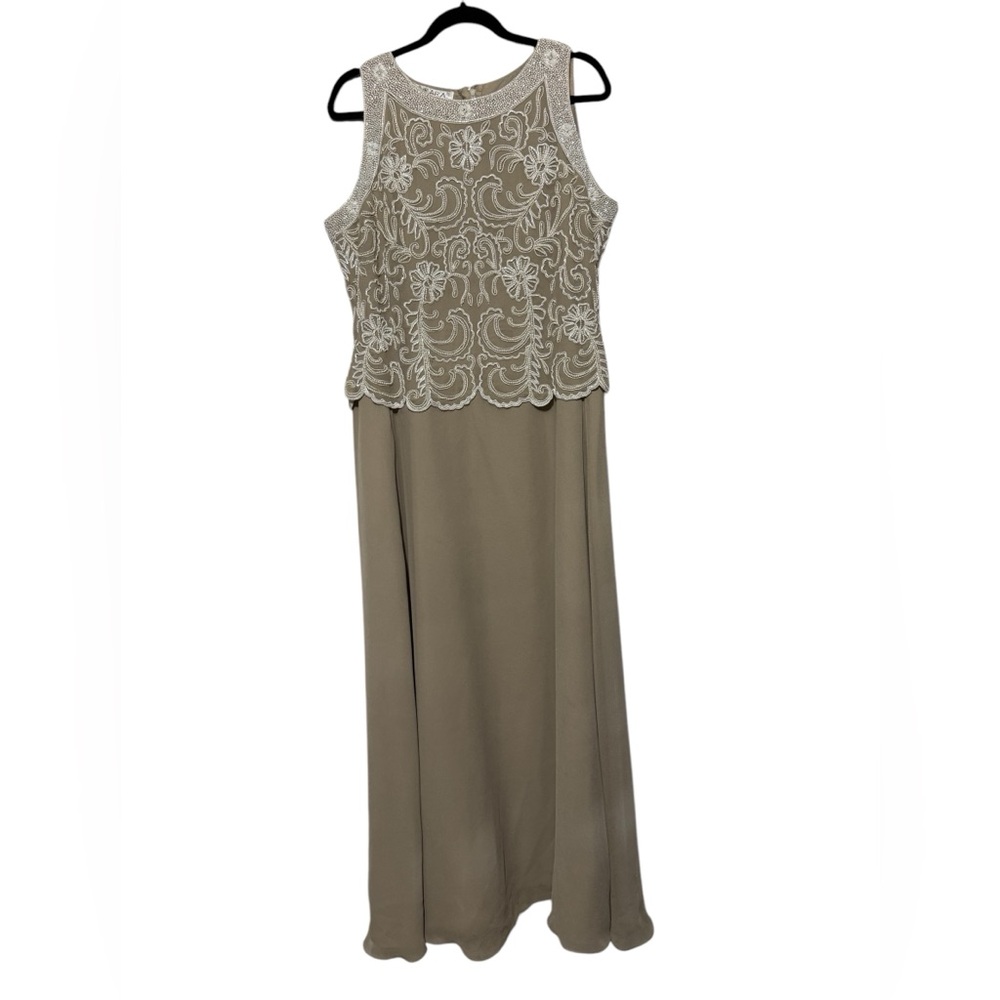 J Kara Taupe Tan Beaded Chiffon Maxi Dress Gown Plus Size 16 Wedding MOTB Prom
